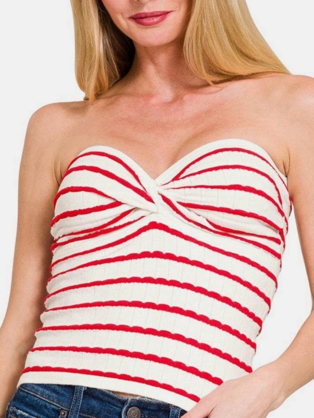 Zenana Twisted Sweetheart Neck Striped Tube Top